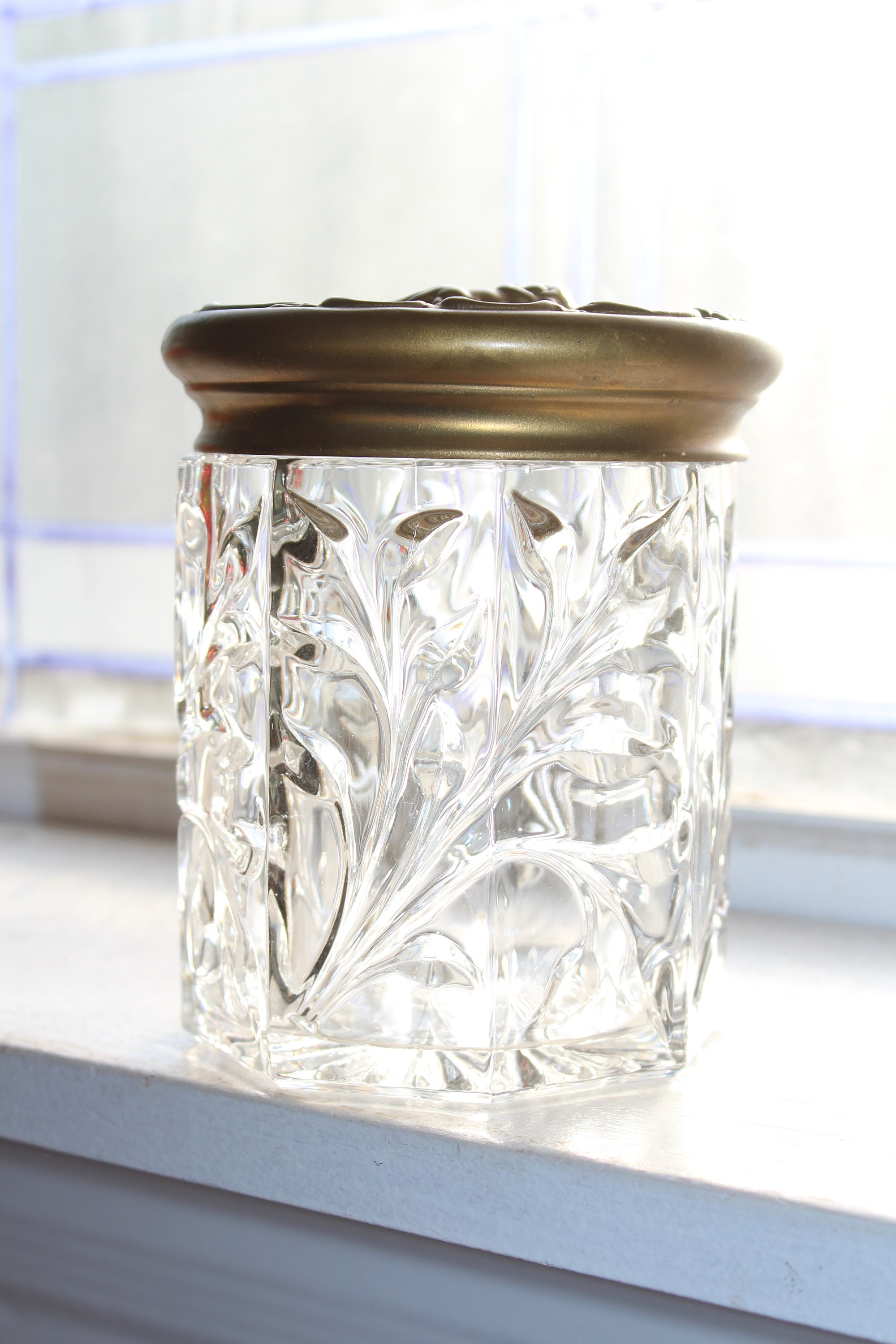 Antique Tobacco Jar Humidor Glass with Repousse Cherub Metal Lid 1900s