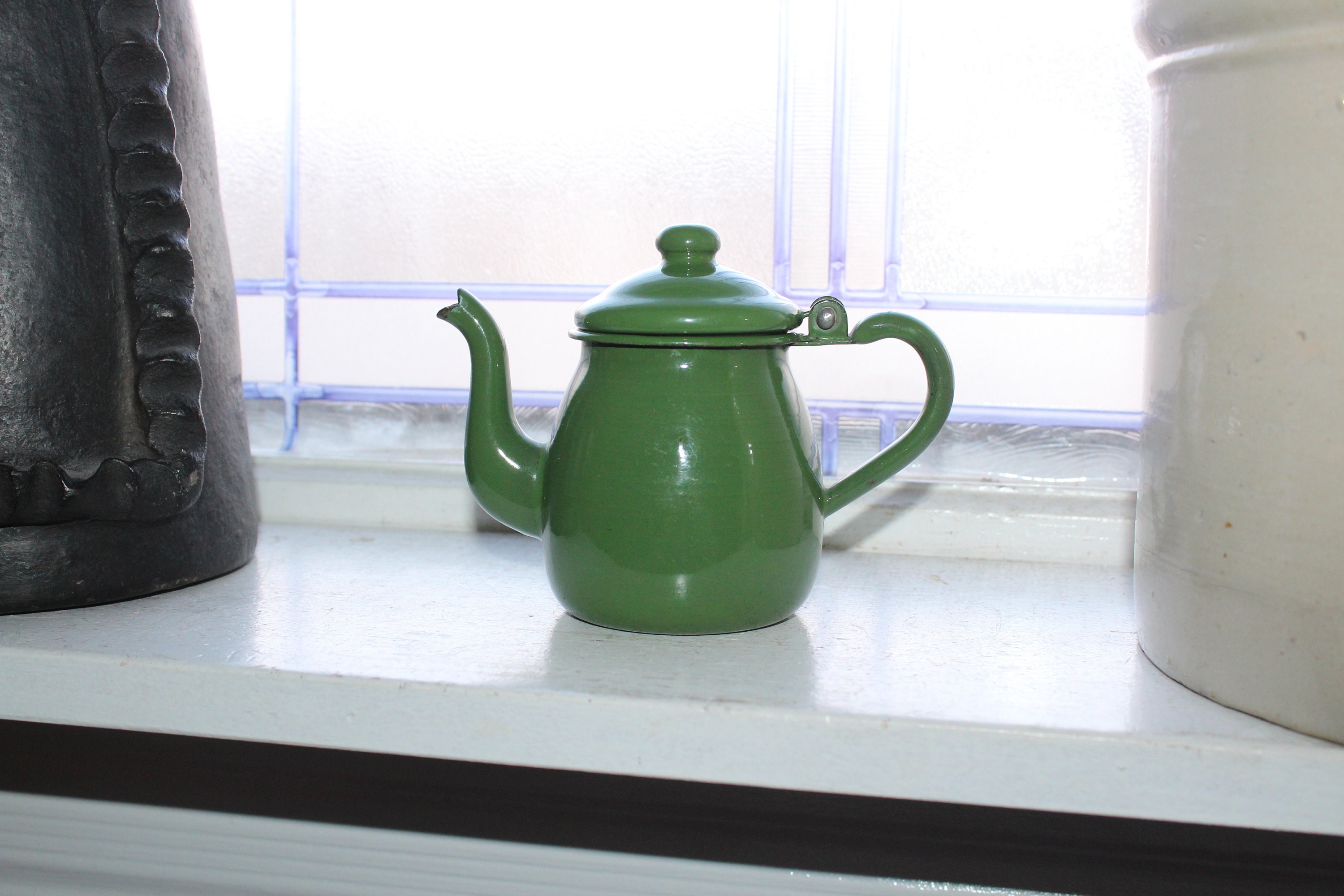 Vintage Green Enamelware Teapot Small Graniteware Tea Pot Toy Size