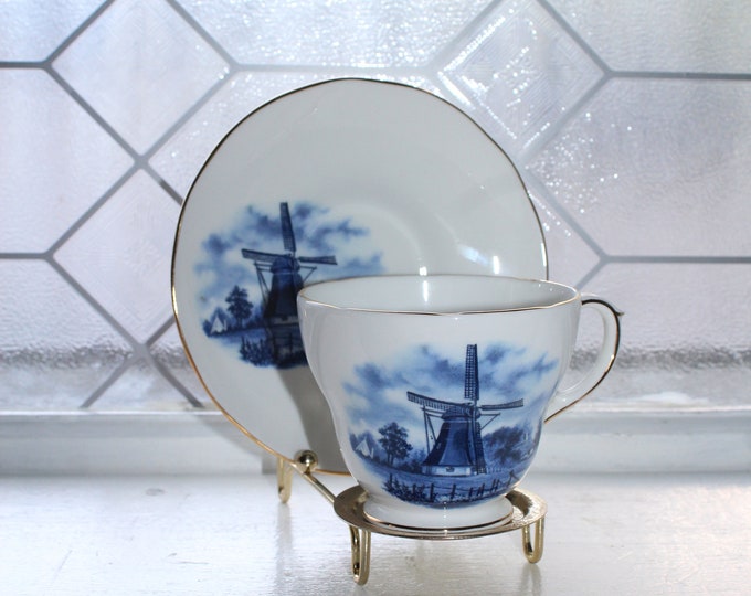 Duchess Teacup and Saucer Blue and White Windmill Vintage Bone China