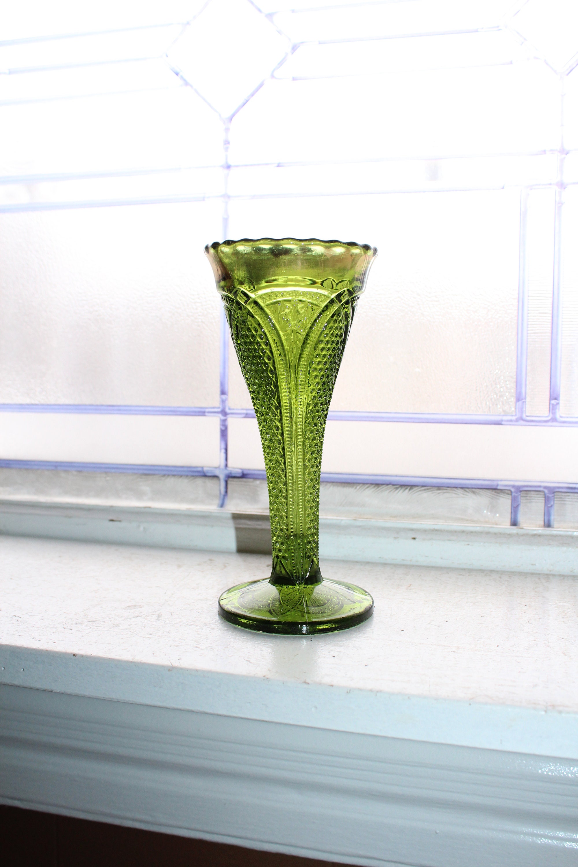 Antique EAPG Green Trumpet Vase Massachusetts by US Glass 1898