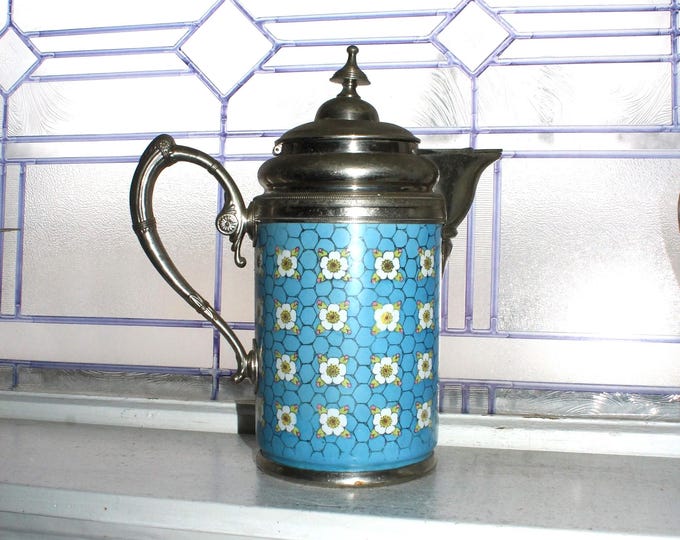 Antique Graniteware & Pewter Pitcher Blue with Flowers Manning Bowman