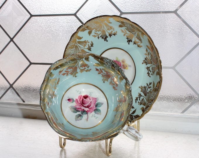 Vintage Paragon Bone China Tea Cup and Saucer Pink Roses with Gold Lace on Blue