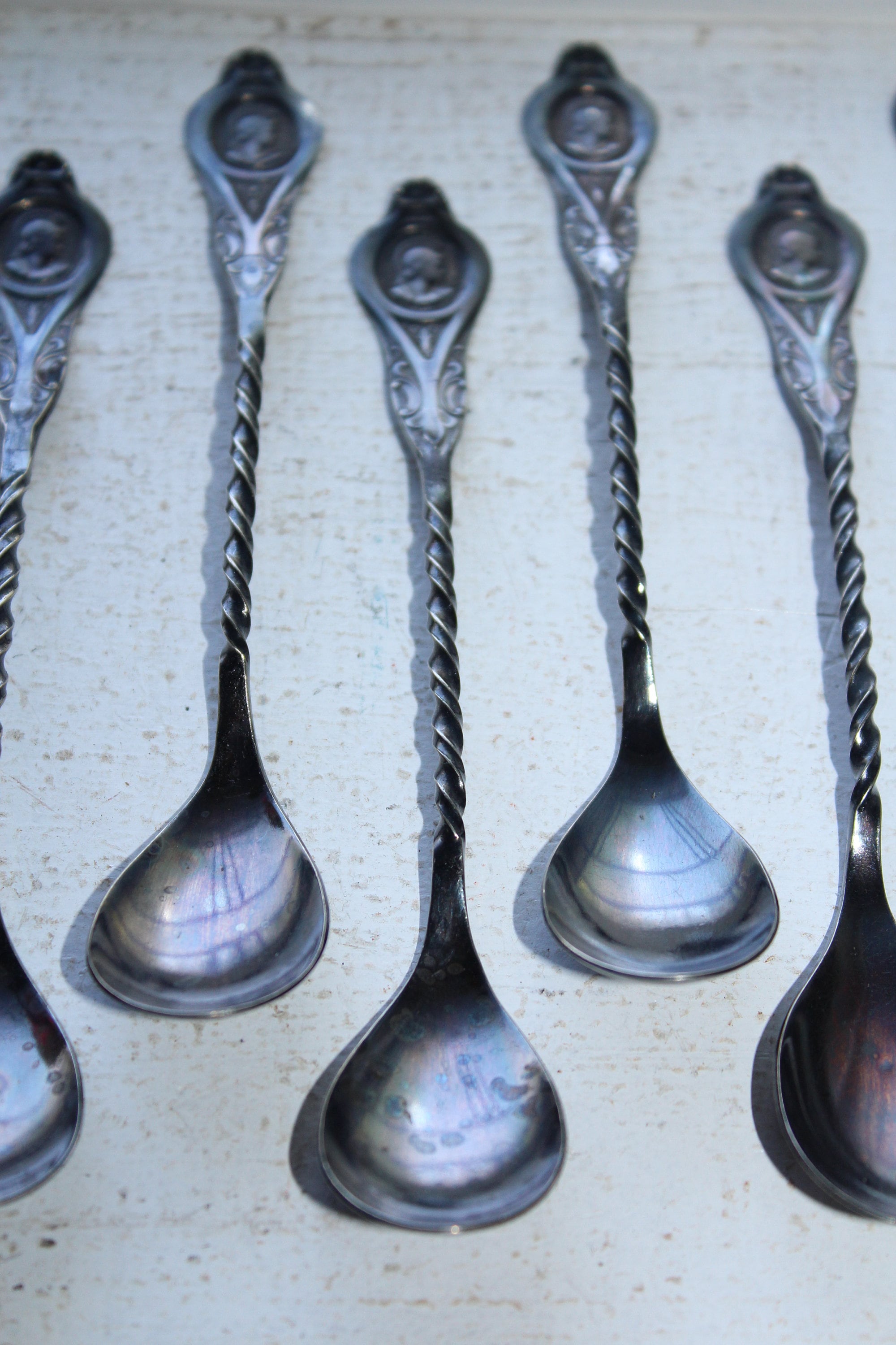 11 Antique Demitasse Spoons Spiral Handled Roman Cameo Derby Silver Co