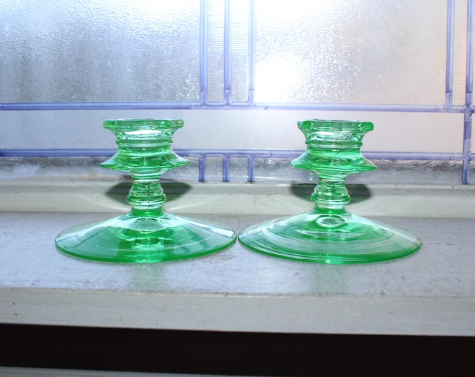 Fostoria Oak Leaf Brocade Green Glass Candlestick Holders Pair