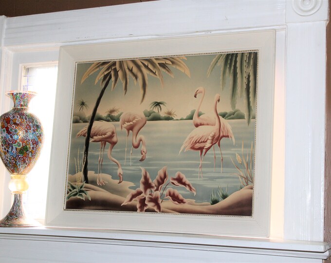 Large Vintage Turner Flamingos Framed Print Lithograph Mid Century