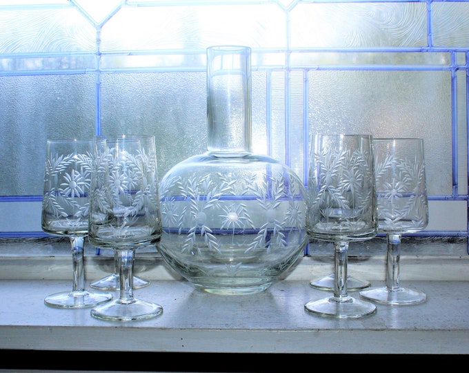 Vintage Etched Crystal Port Decanter with 6 Stemmed Glasses