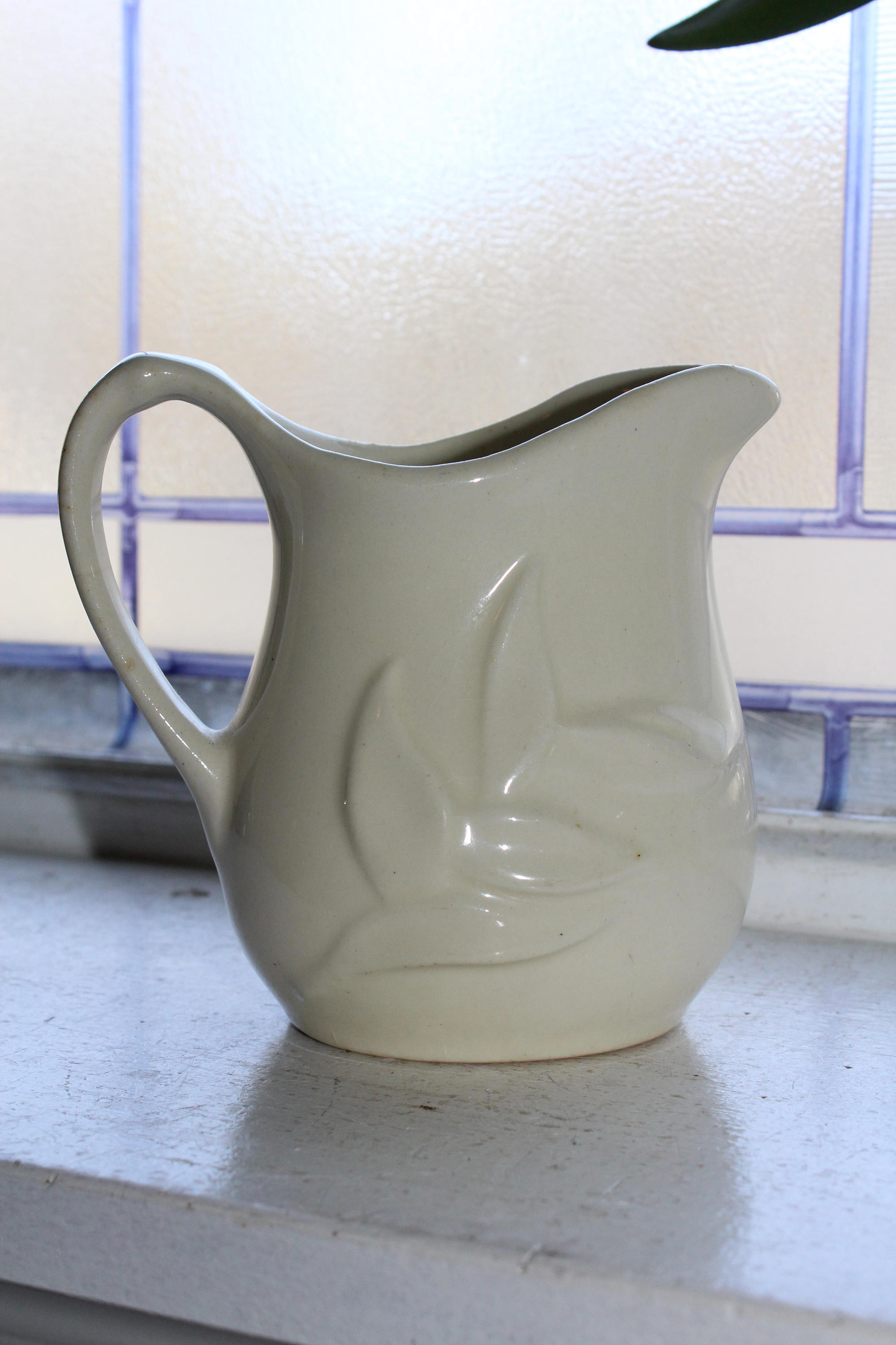 Antique White Ironstone Small Pitcher Creamer Embossed Leaves