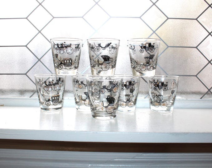 8 Vintage MCM Libbey Glass Tumblers Curio Old Fashioned Cars & Carriage