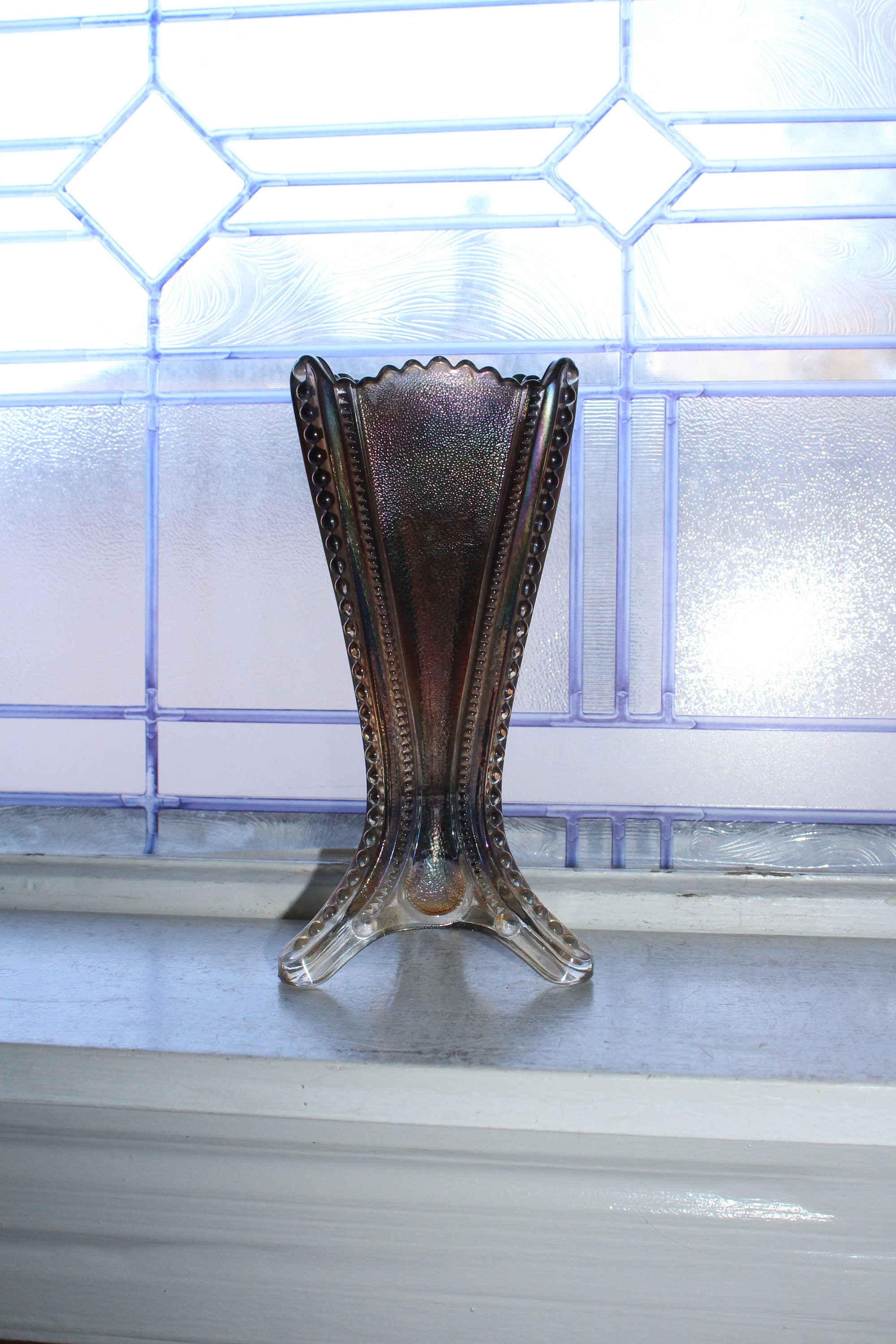 Vintage Imperial Carnival Glass Vase Tricorn Peacock