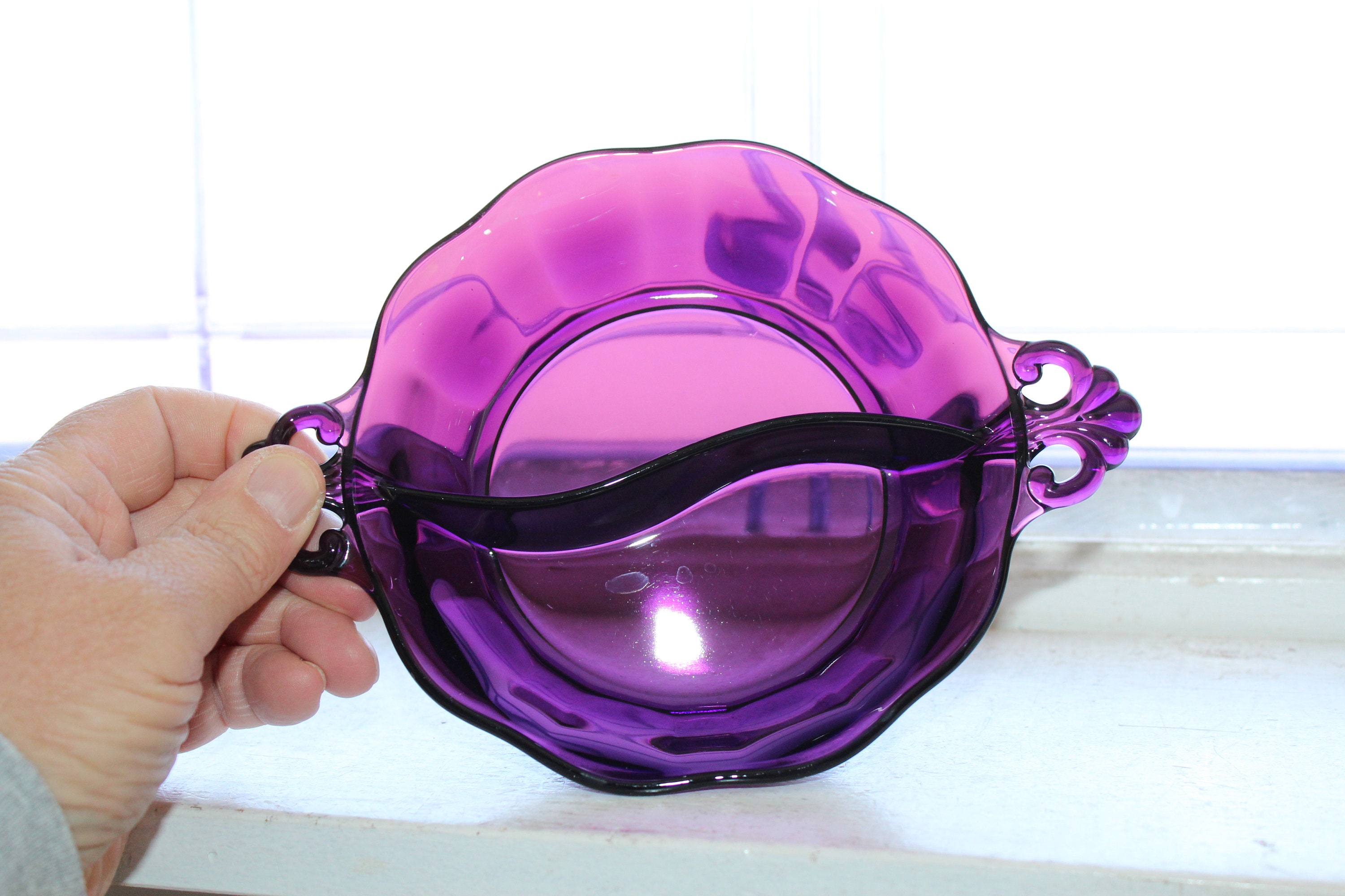 Vintage Amethyst Purple Glass Divided Dish with Handles