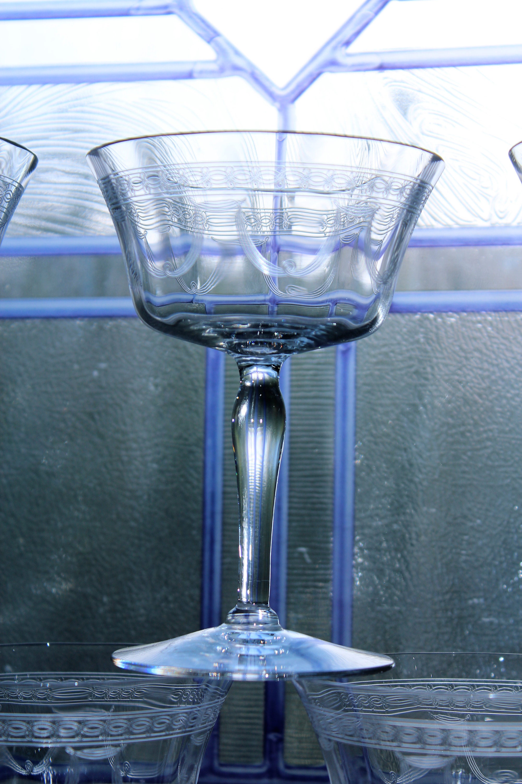 9 Art Deco Champagne Glasses or Sherbets Stemware Vintage 1920s Etched