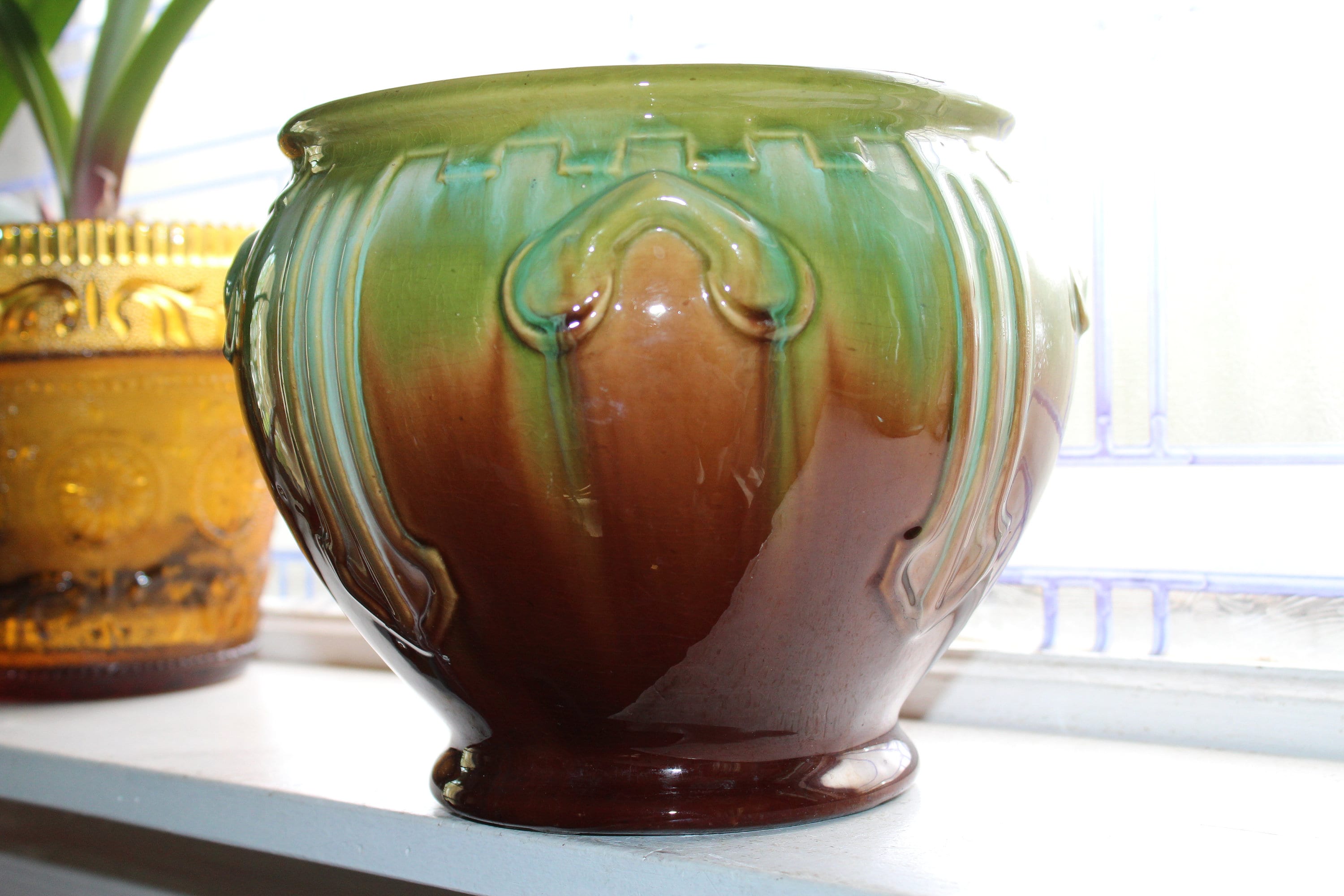 Large Art Nouveau Jardiniere Brown and Green Antique Stoneware 1900s