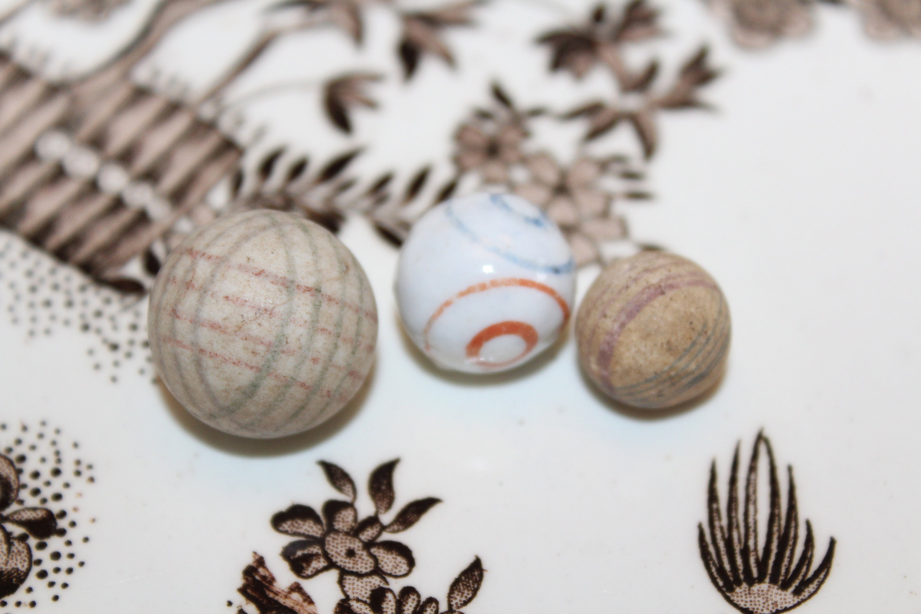 3 Antique China & Clay Marbles Hand Made Hand Painted Circa 1800s