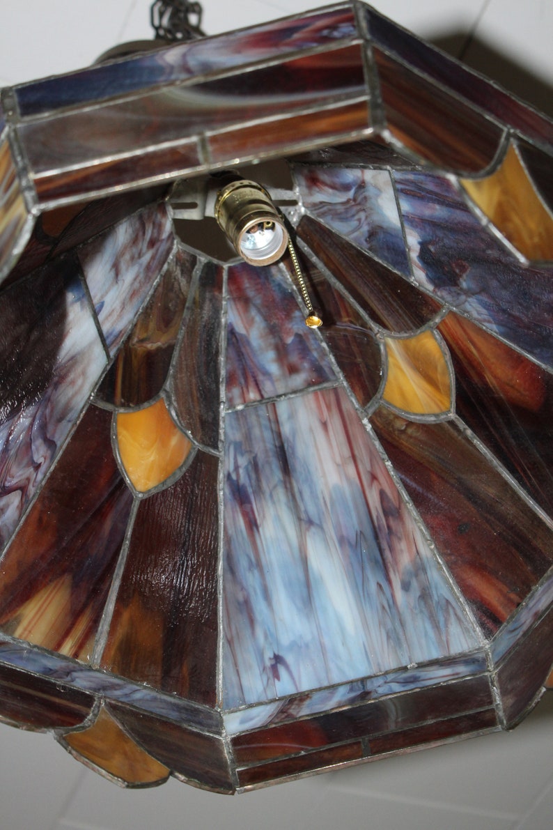 Vintage Stained Glass Hanging Light Fixture Etsy