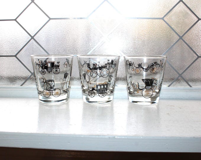 3 Vintage MCM Libbey Glass Tumblers Curio Old Fashioned Cars & Carriage