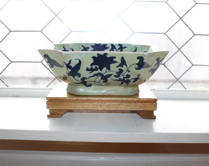 Vintage Chinese Octagonal Bowl Glazed Blue and White Chinoiserie Kangxi Mark