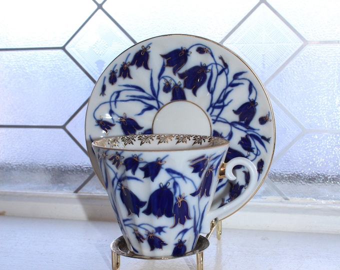 Vintage Lomonosov Blue Bells Tea Cup and Saucer 1744 St. Petersburg, Russia