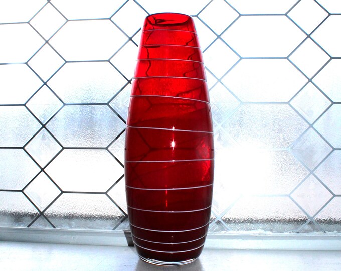 Large Vintage Art Glass Vase Red with White Spiral Threads 14"