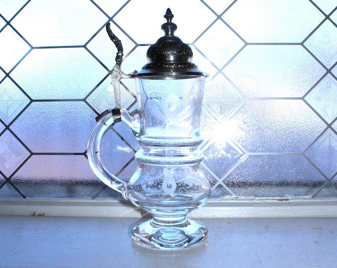 Antique Intaglio Cut Glass Beer Stein with Pewter Lid Marked P in Shield with Crown