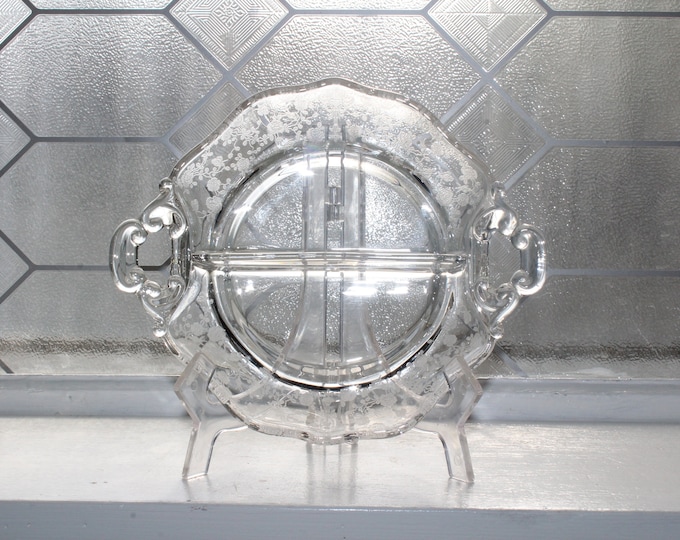 Cambridge Etched Glass Divided Relish Dish with Handles