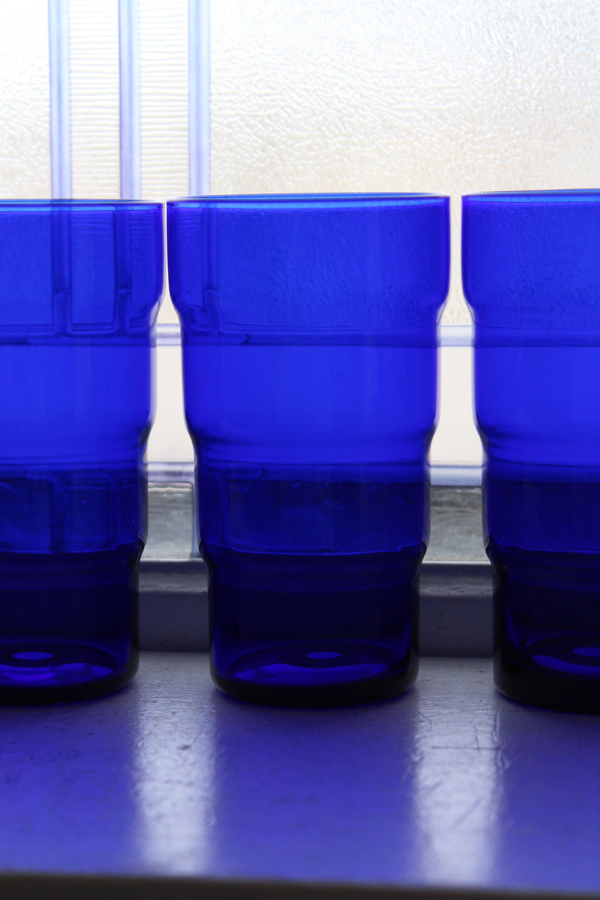 6 Cobalt Blue Glass Tumblers Art Deco Vintage 1930s