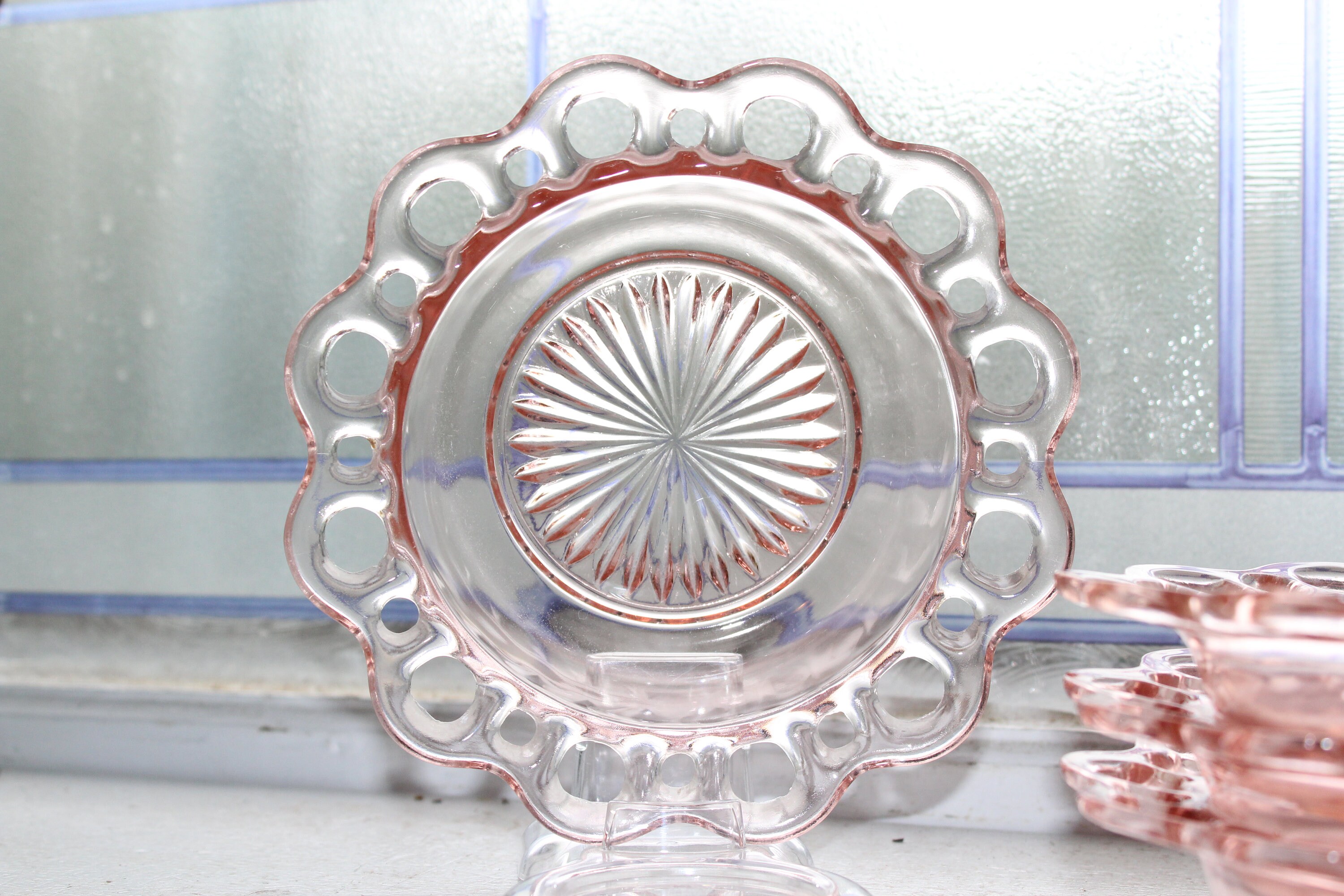 4 Pink Depression Glass Cereal Bowls Lace Edge Open Lace Vintage 1930s