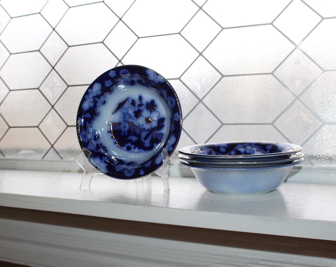 4 Antique Dark Flow Blue Cereal Bowls 6" Royal Staffordshire Pekin Gold Trim
