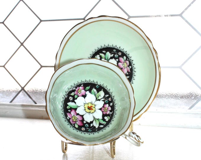 Paragon Tea Cup and Saucer Flowers on Black and Mint Green 1950s