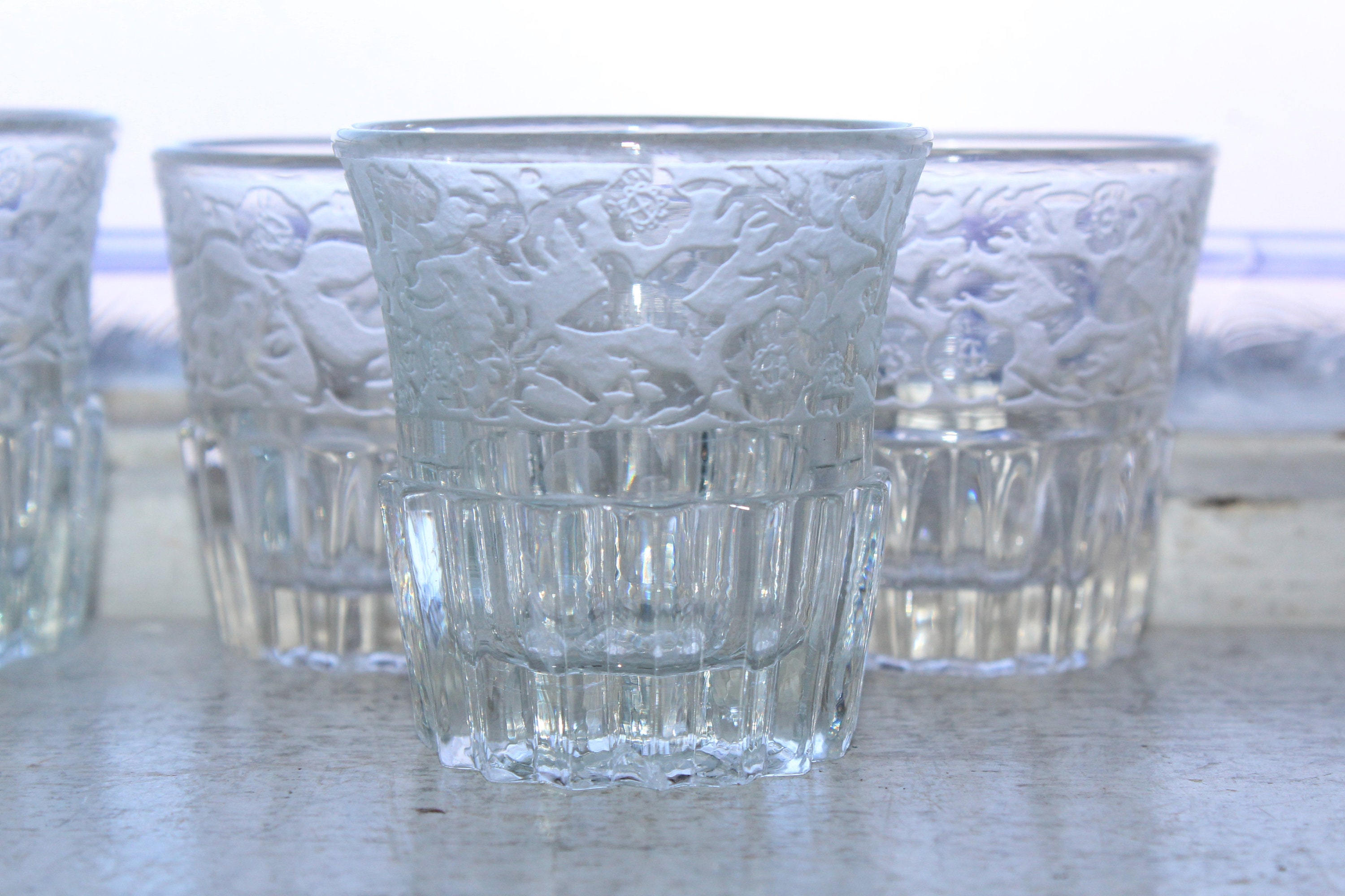 6 Vintage Blue Bird Etched Shot Glasses 1940s