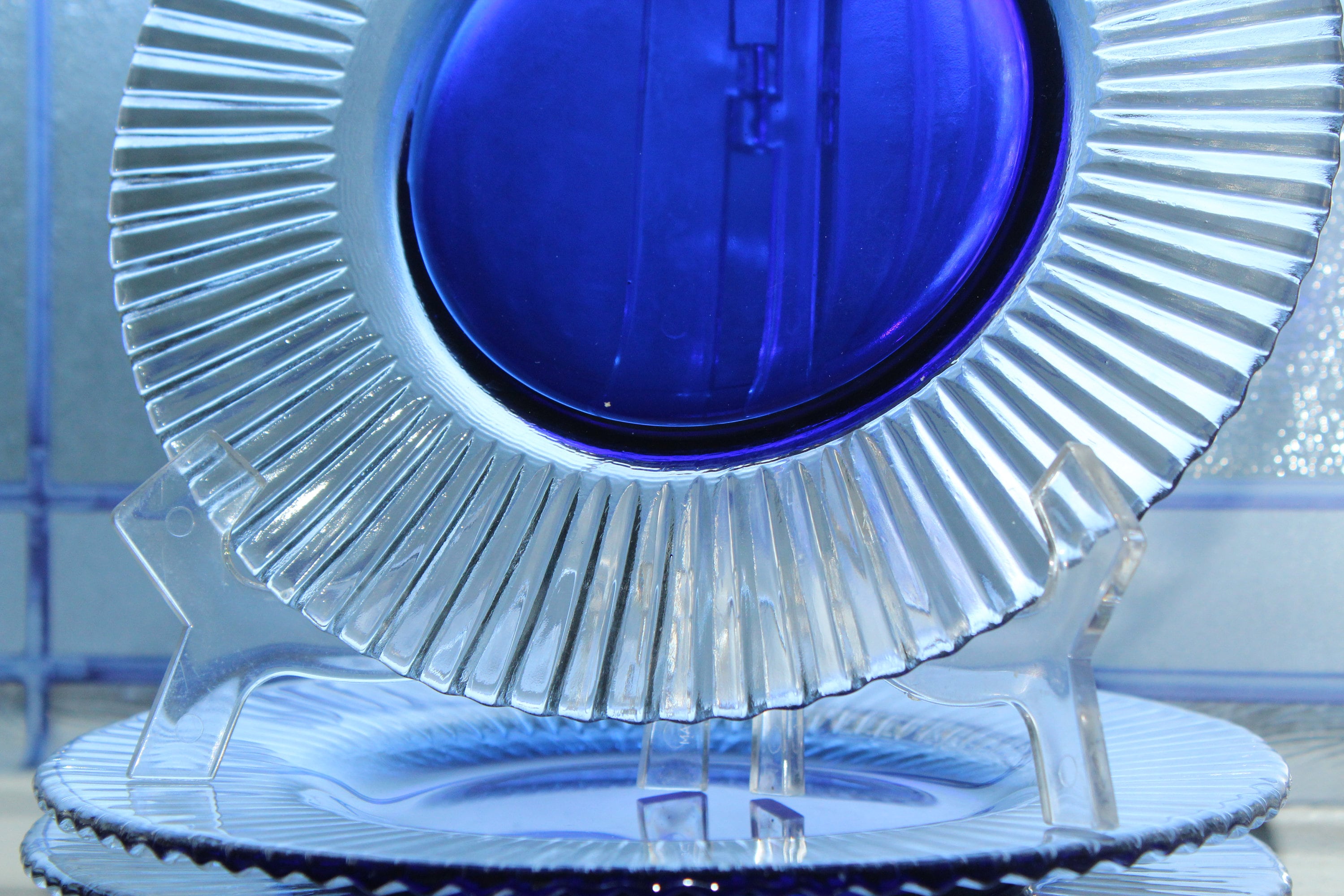 4 Vintage 1980s Cobalt Blue and Ribbed Glass Dessert Plates