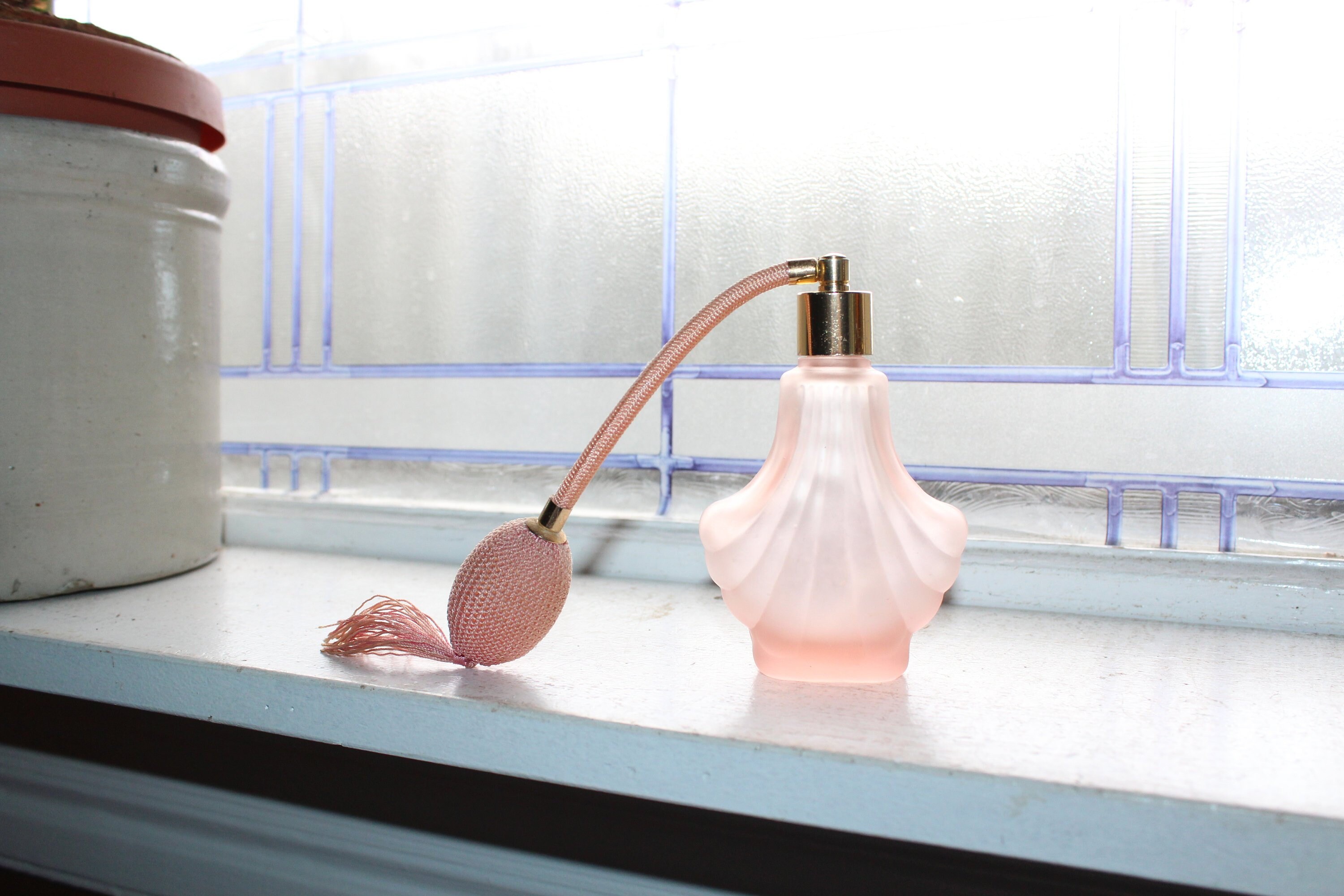 Vintage Pink Frosted Glass Perfume Bottle Atomizer