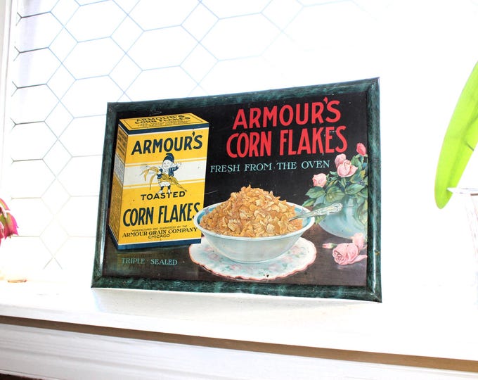 RARE Antique Self Framed Tin Litho Sign Armour's Corn Flakes Circa 1910s