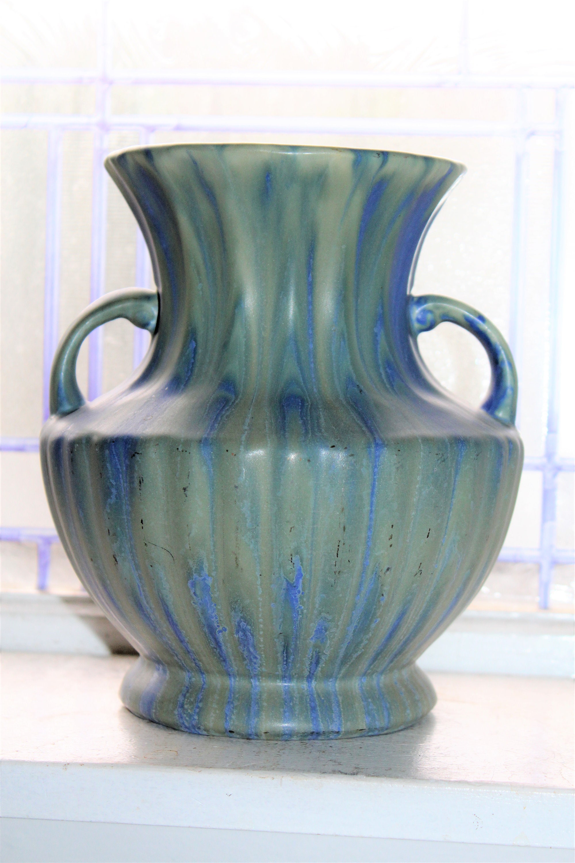 Vintage Art Pottery Ribbed Vase with Handles Blue and Green Drip Glaze
