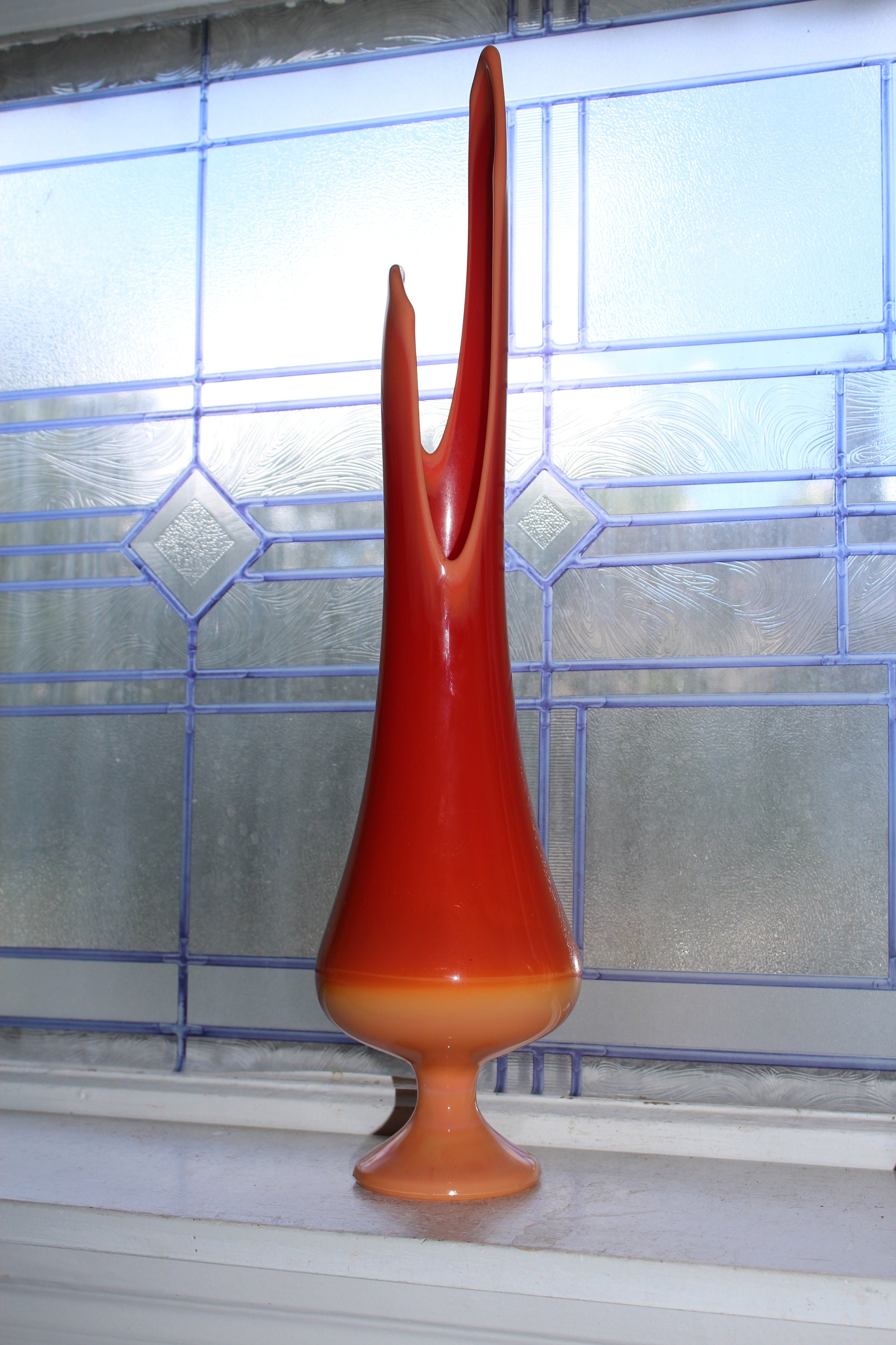 Large Orange Slag Glass Vase 20.5 Vintage Mid Century Swung Glass