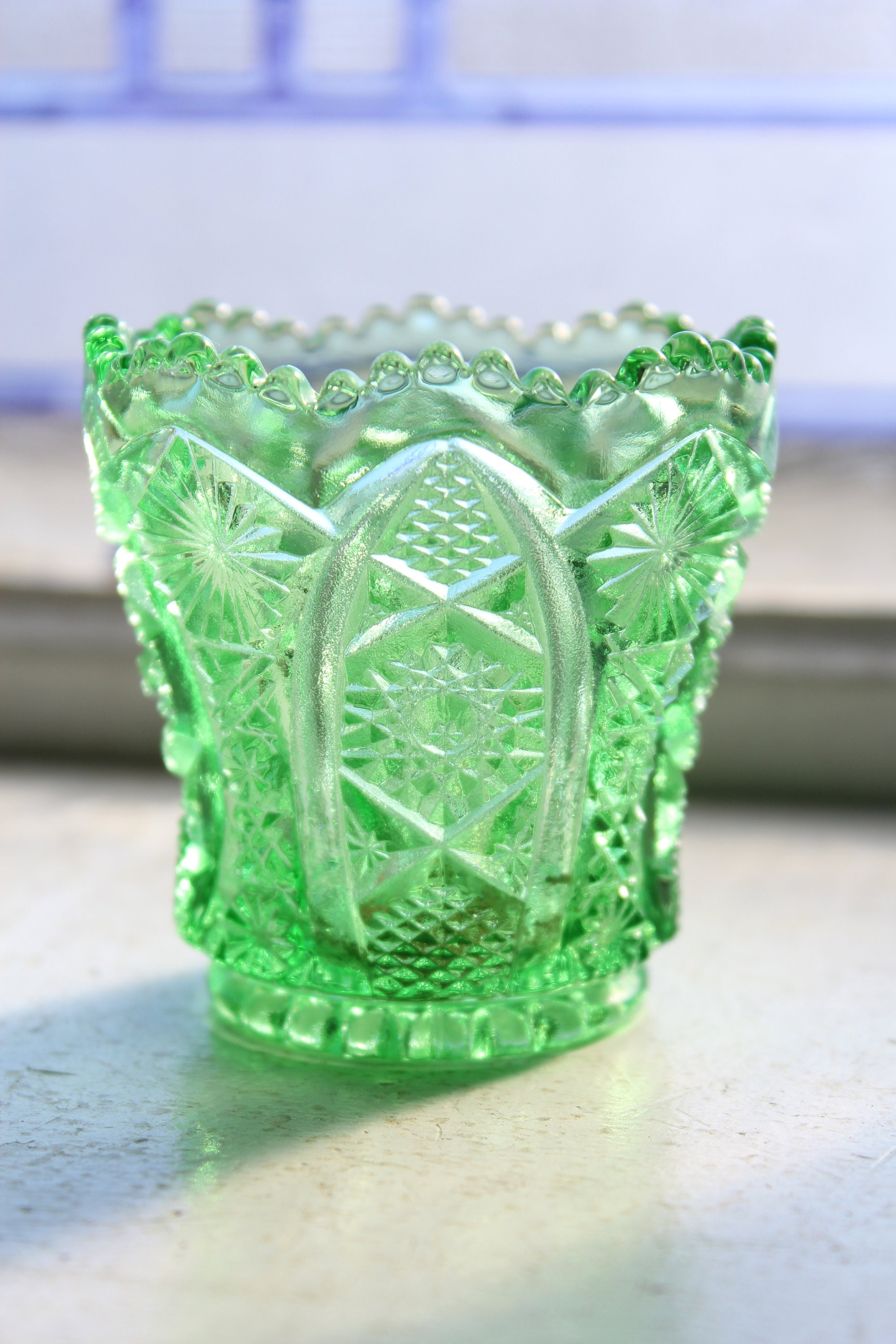 Imperial Glass Green Toothpick Holder Sawtooth Daisy and Button