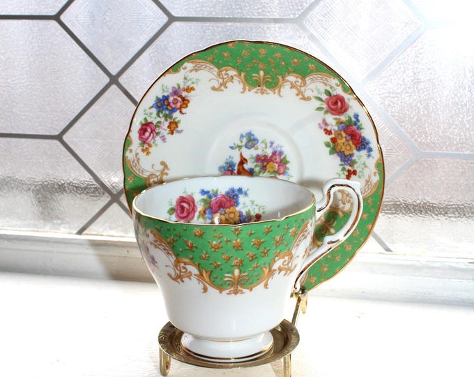 Vintage Paragon Bone China Tea Cup and Saucer Rockingham with Green