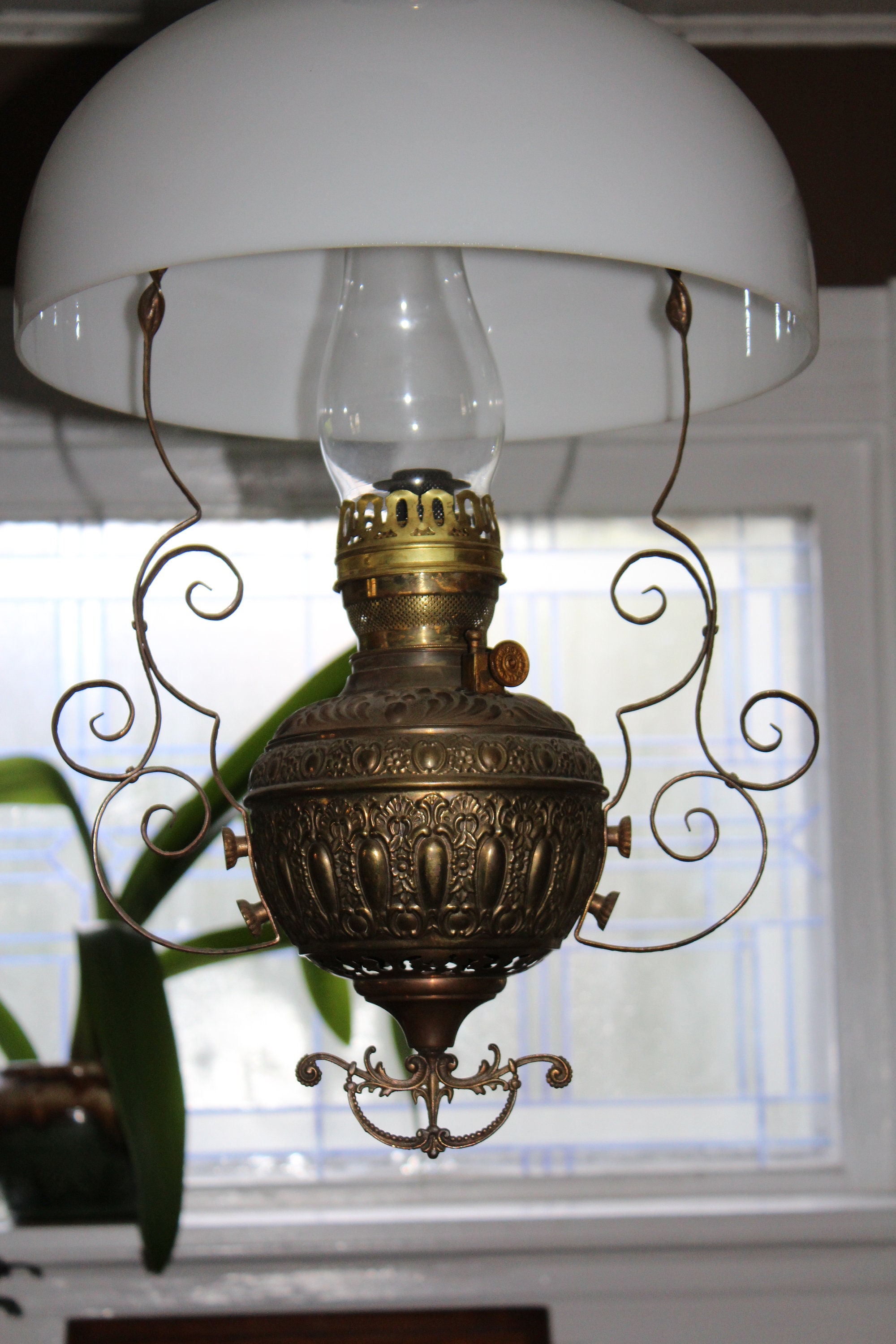 Antique Hanging Parlor Oil Lamp Early 1900s Country Victorian Decor