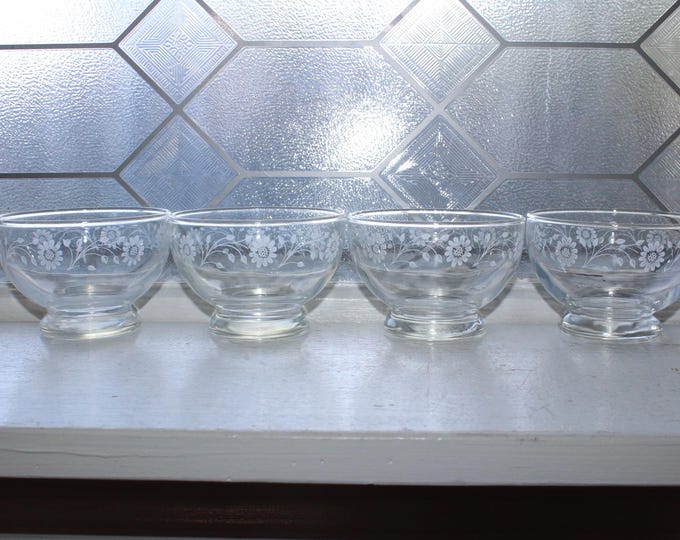 4 Mid Century Dominion Glass Sherbet Bowls with Etched Sunflowers