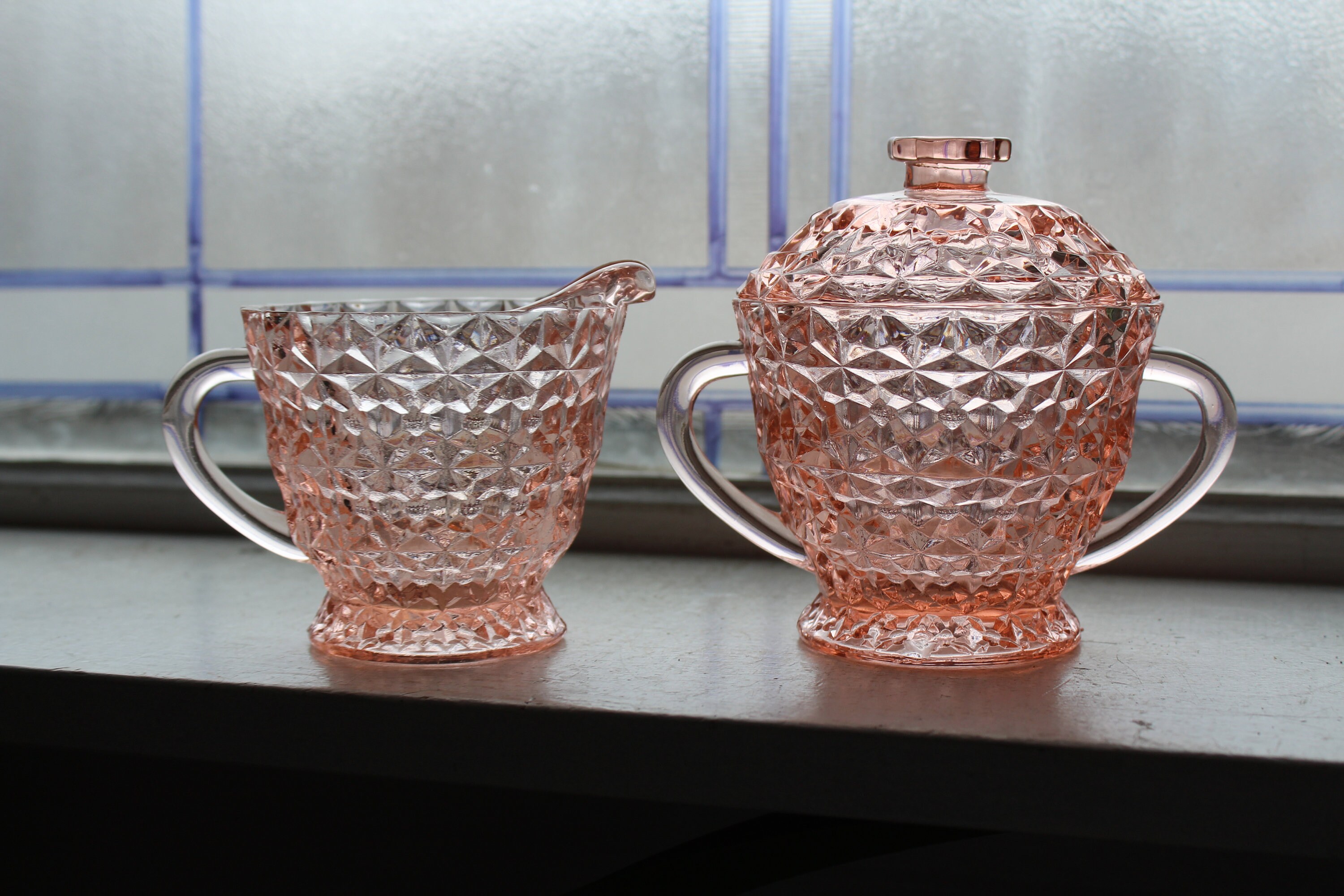 Pink Depression Glass Sugar Bowl and Creamer Buttons and ...