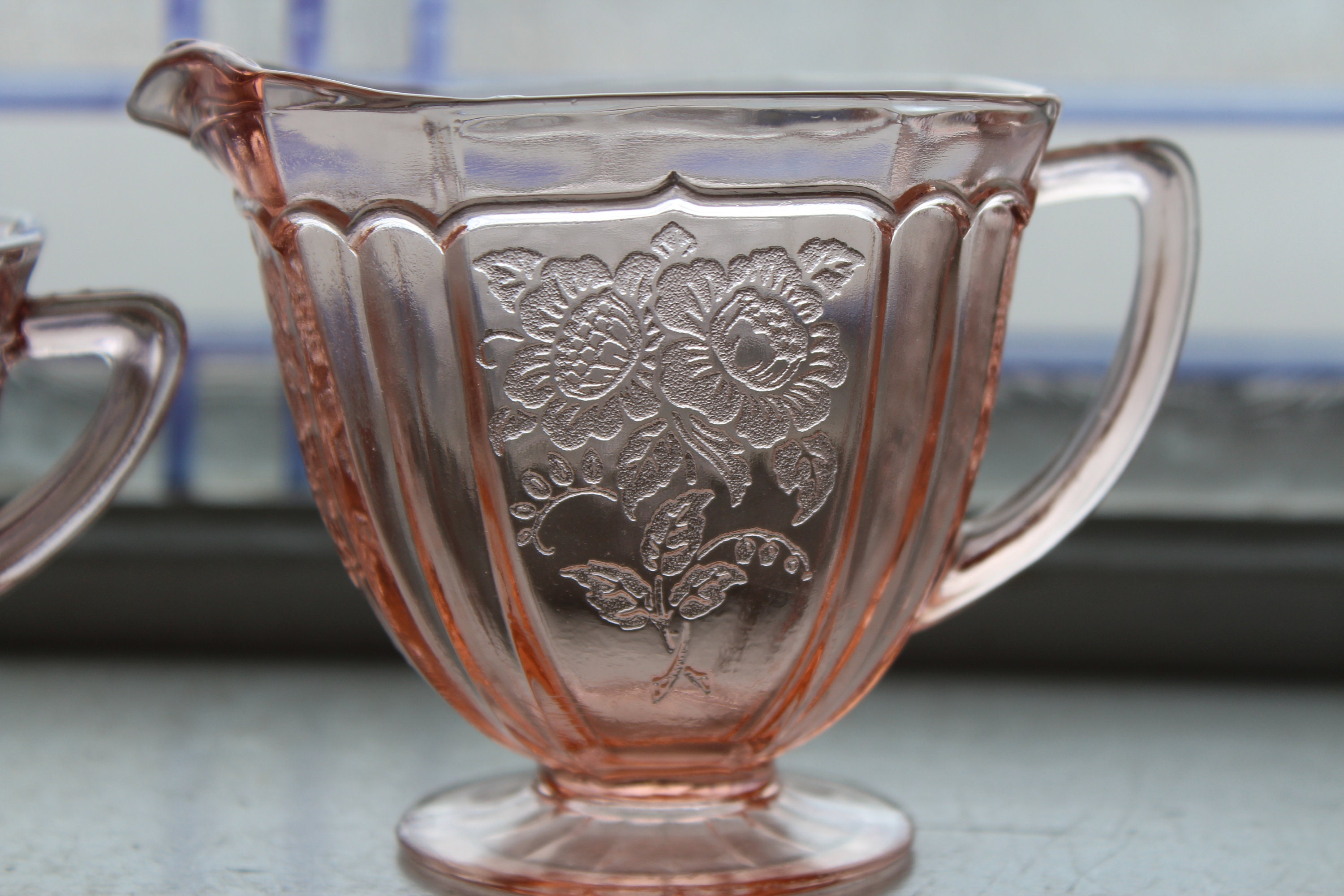 Mayfair Open Rose Creamer and Sugar 1930s Pink Depression Glass