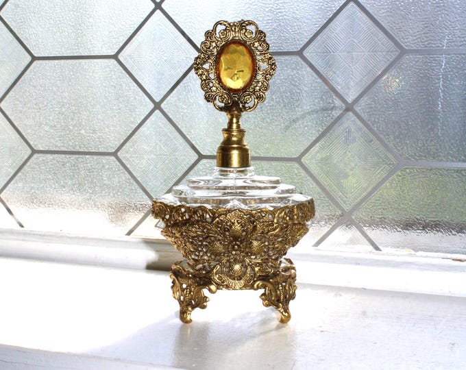 Hollywood Regency Globe Perfume Bottle Gold Plated Ormolu & Filigree