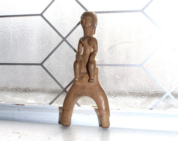 Antique African Baule Ivory Coast Carved Wood Sling Shot Figural Woman