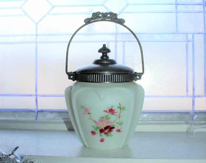 Antique Biscuit Barrel Satin Milk Glass and Silverplate Cookie Jar