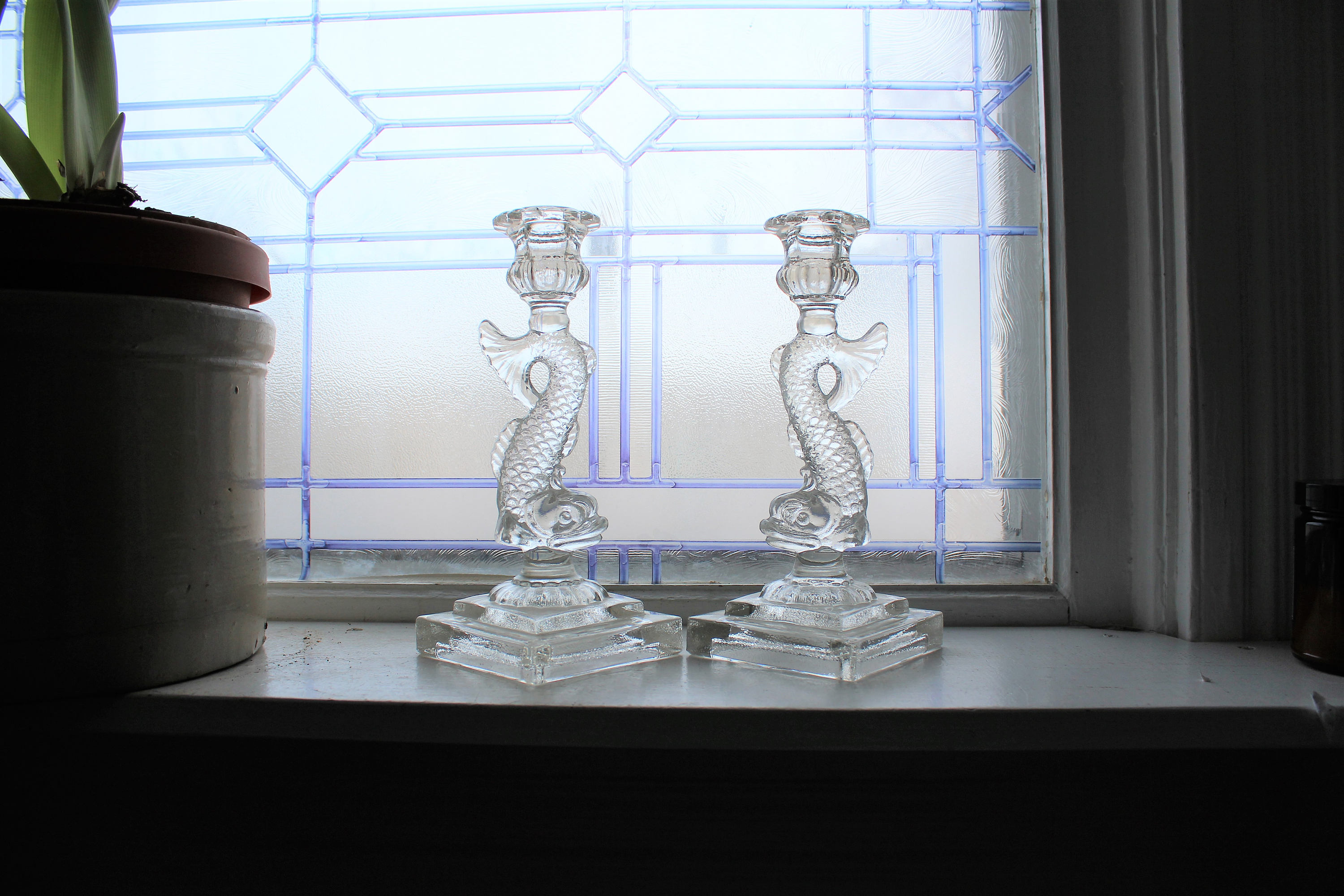 Imperial Glass Candlesticks Pair Vintage Dolphin Koi Fish