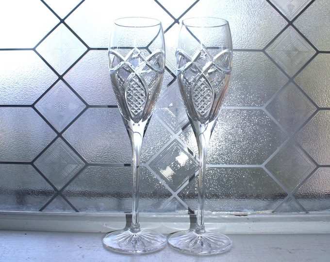 Pair Waterford Crystal Celtic Knot Champagne Toasting Flutes