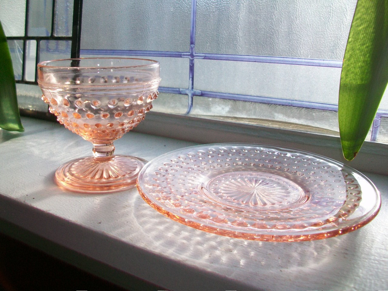 Vintage Pink Depression Glass Hobnail Sherbet and Plate 1930s