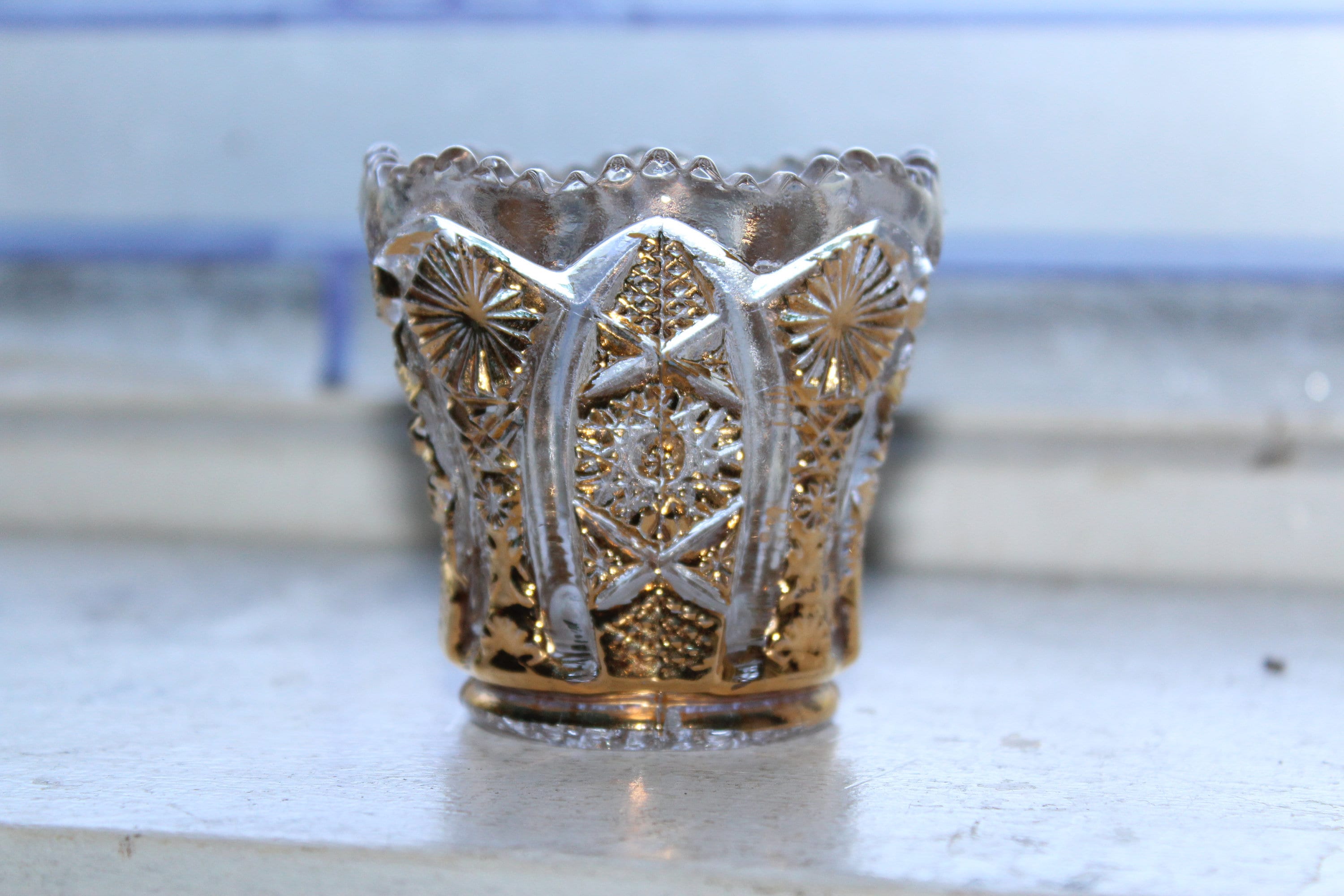 Imperial Glass Toothpick Holder Sawtooth Daisy and Button Clear & Gold