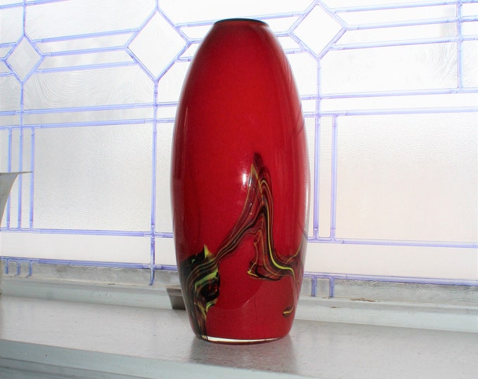 Vintage Art Glass Red Vase with Colored Swirls and Black Rim