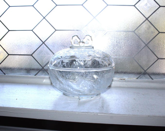 Heisey Crystal Orchid Etched Covered Candy #1519 with Bow Finial