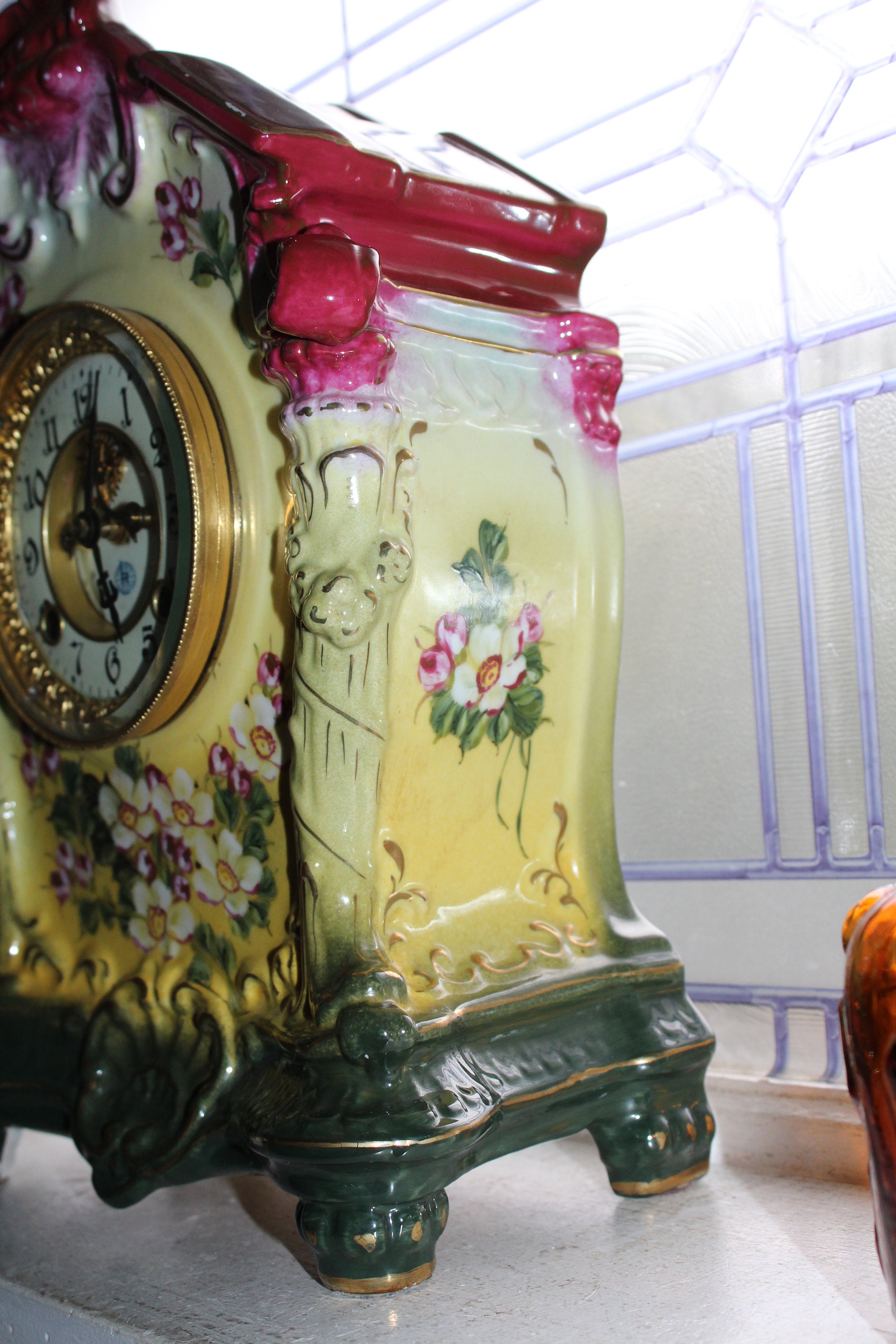 Vintage Porcelain Mantle Clock 8 Day with Floral Decorations